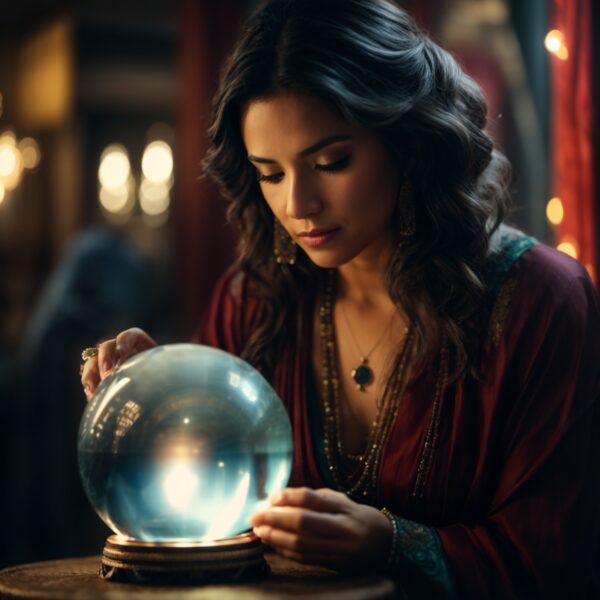 a woman fortune teller looking into a crystal ball