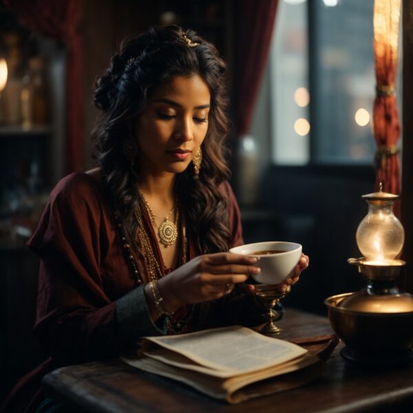 a woman fortune teller coffee reading